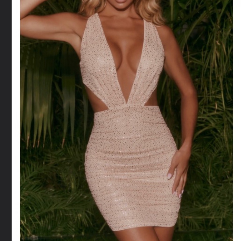 Embellished plunged neck mini dress in beige